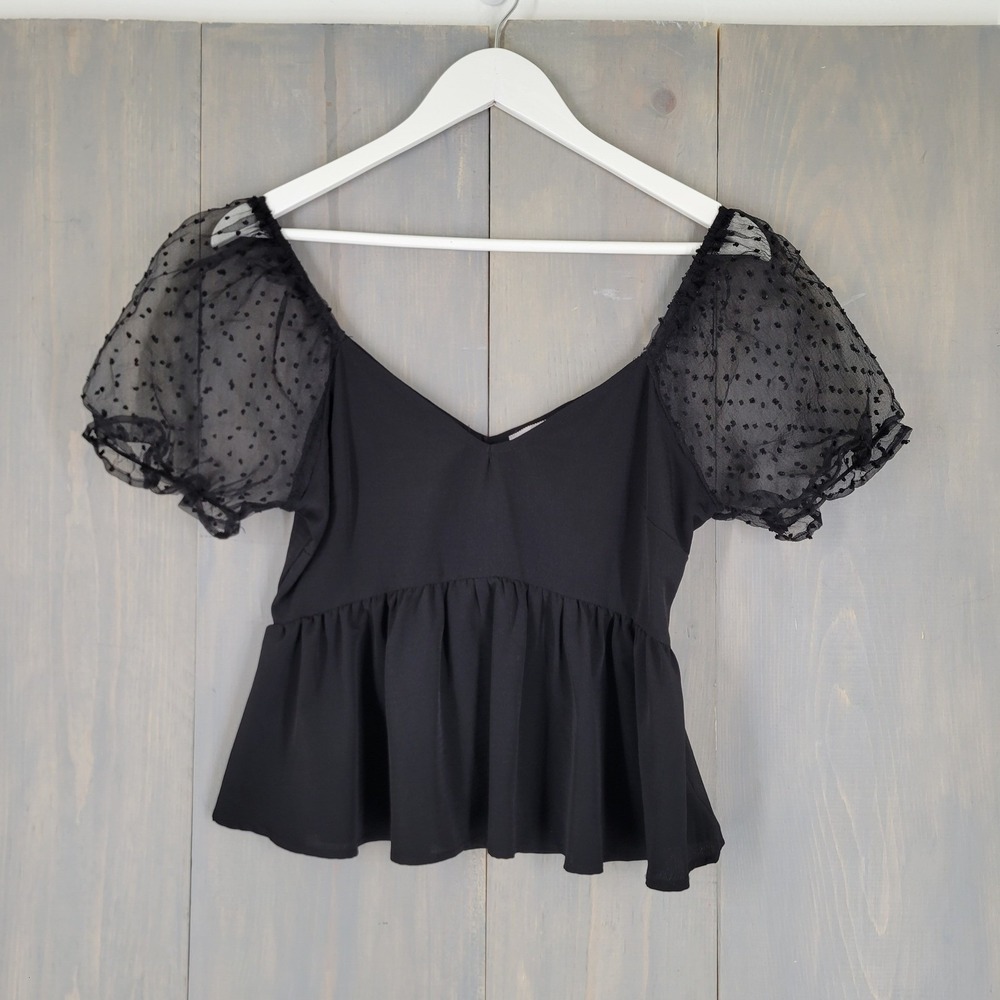 Mi Ami Babydoll Women Small Black Sheer Polka Dot Puff Sleeve Peplum Top Fairy